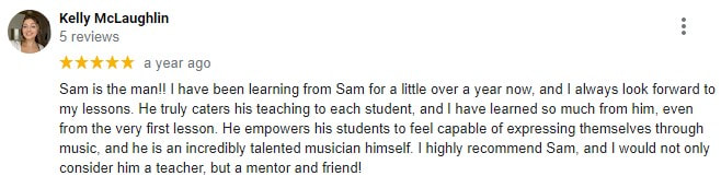 This is a picture of a review from a young adult woman who lives in Chicago. She says she enjoyed drum lessons from her first day and the drum lessons helped her feel safe to express herself musically. She said she considers the teacher to be a mentor and friend as well as an instructor. 